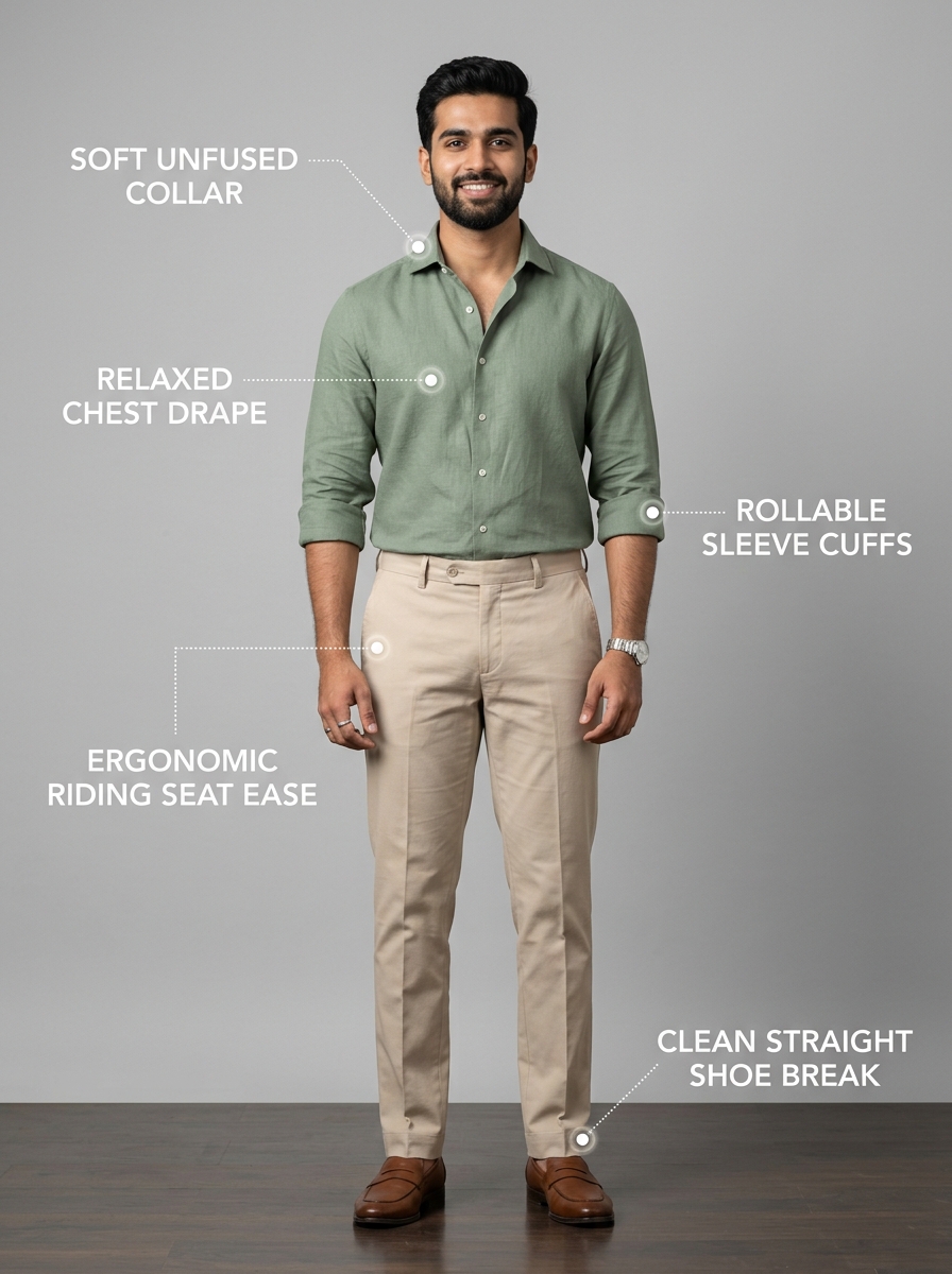 Real model visual infographic guide for casual everyday shirts and cotton chinos tailoring