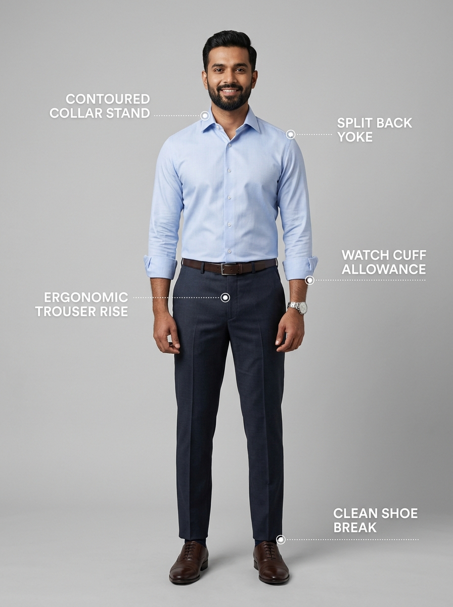 Real model visual infographic guide for bespoke formal dress shirt and trousers tailoring
