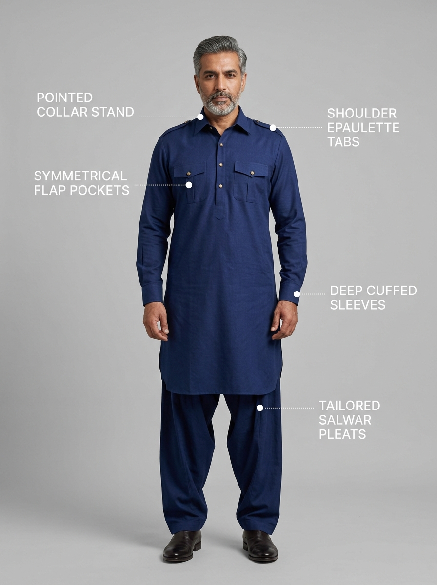 Real model visual infographic guide for custom Pathani suit tailoring
