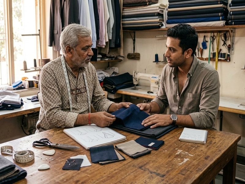 Master tailor and customer consulting over wooden workbench with fabric swatches and styling blueprints
