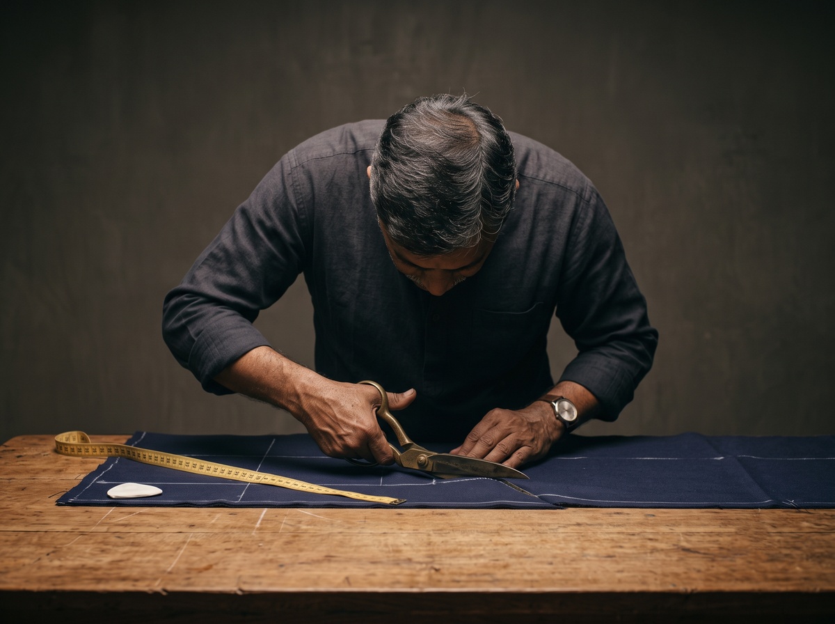 Master tailor seen from behind bending over fabric cutting cloth with heavy tailor shears