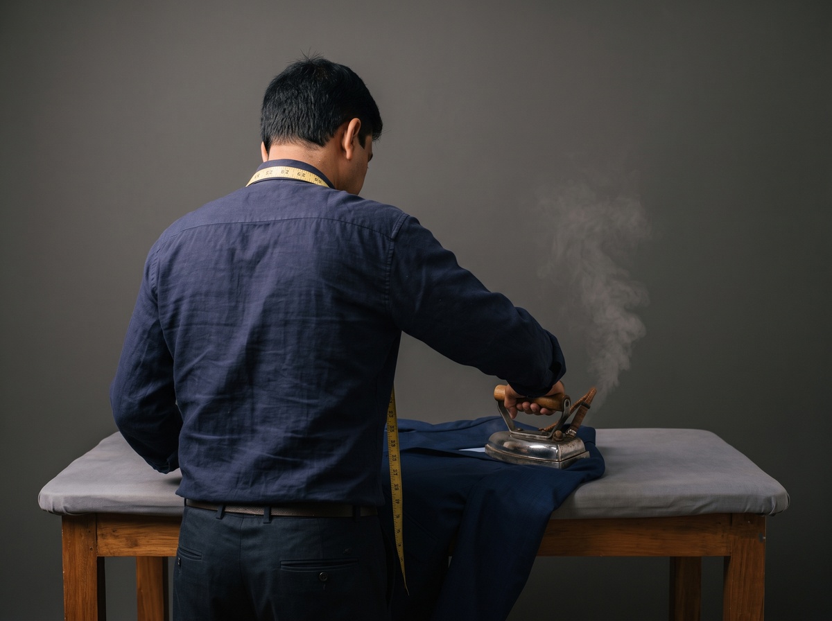Master tailor with measuring tape pressing crisp dress shirt with heavy steam iron