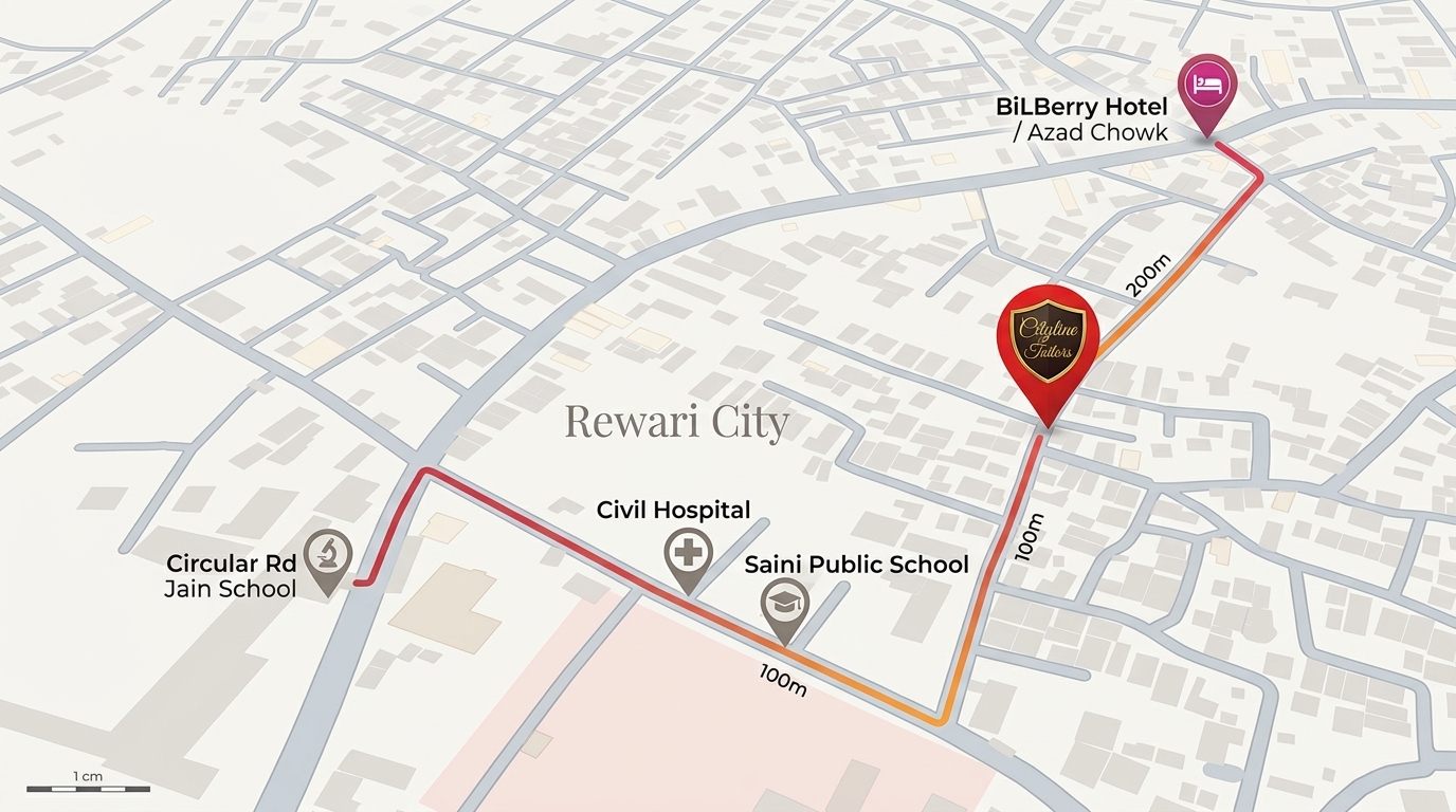 Cityline Tailors Shop Location Map from Azad Chowk & Civil Hospital in Rewari